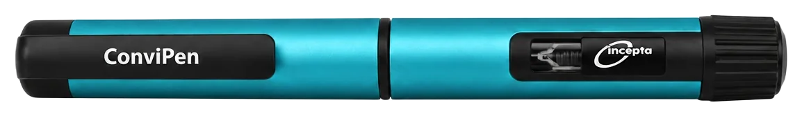 Convipen Dosing Pen in Türkis-Metallic vor neutralem Hintergrund